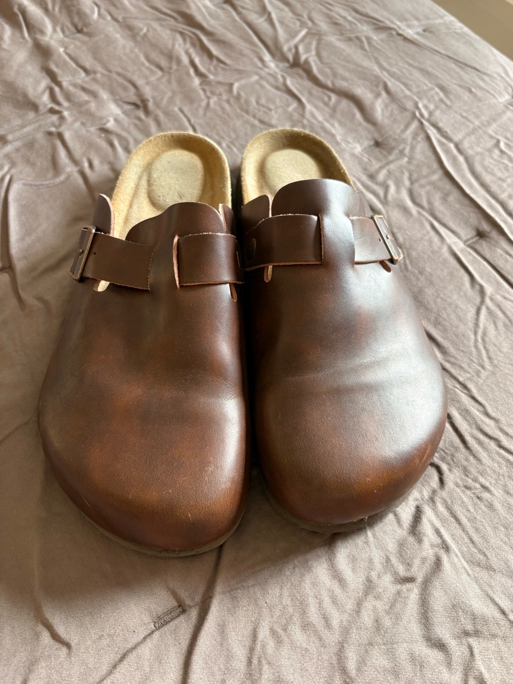 Women's Brown Leather Slip-On Clog Mule with Buckle Detail